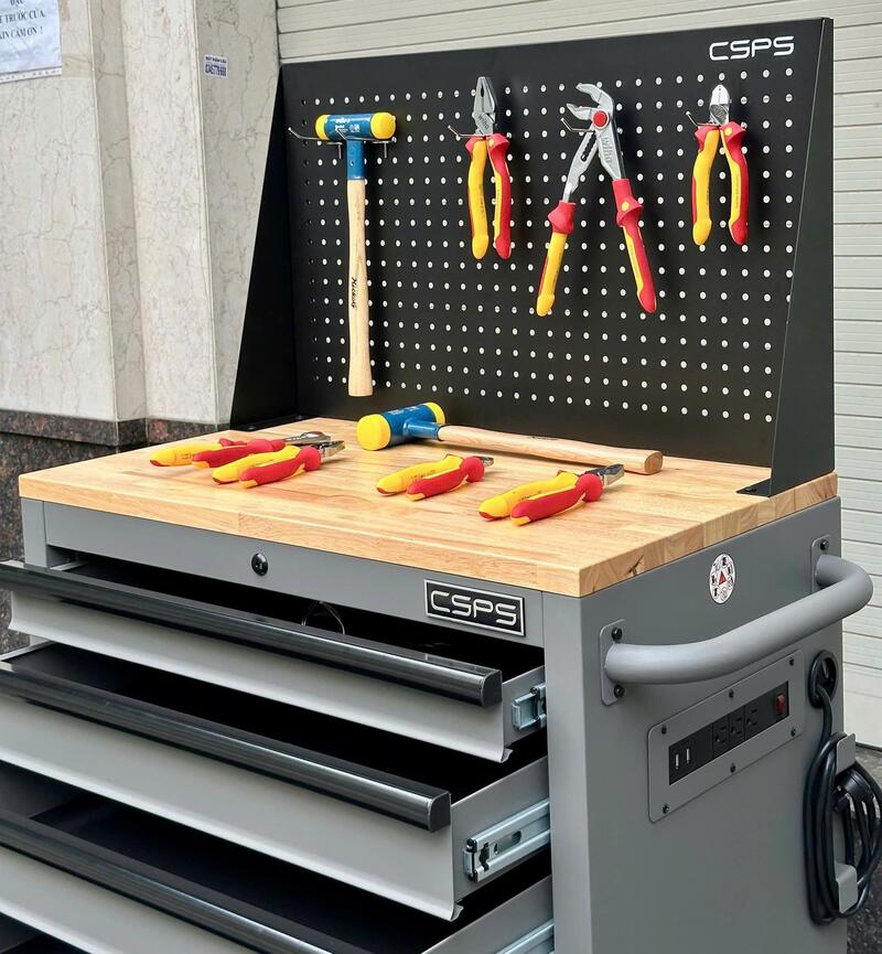 Giới Thiệu Tủ Dụng Cụ CSPS 76cm 5 Hộc Kéo Màu Xám Kèm Vách Lưới Mặt Ván Gỗ